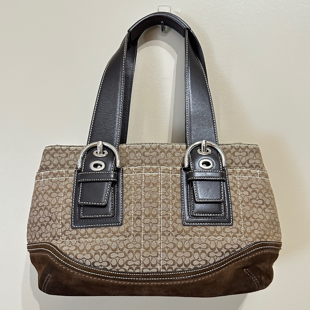 Coach Brown Shoulder Bag with Signature Monogram and Suede